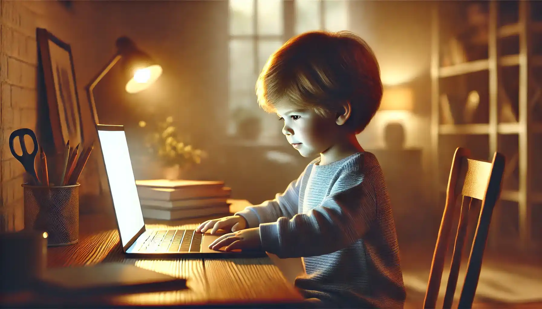 a little boy using a laptop in a cozy, well-lit room.