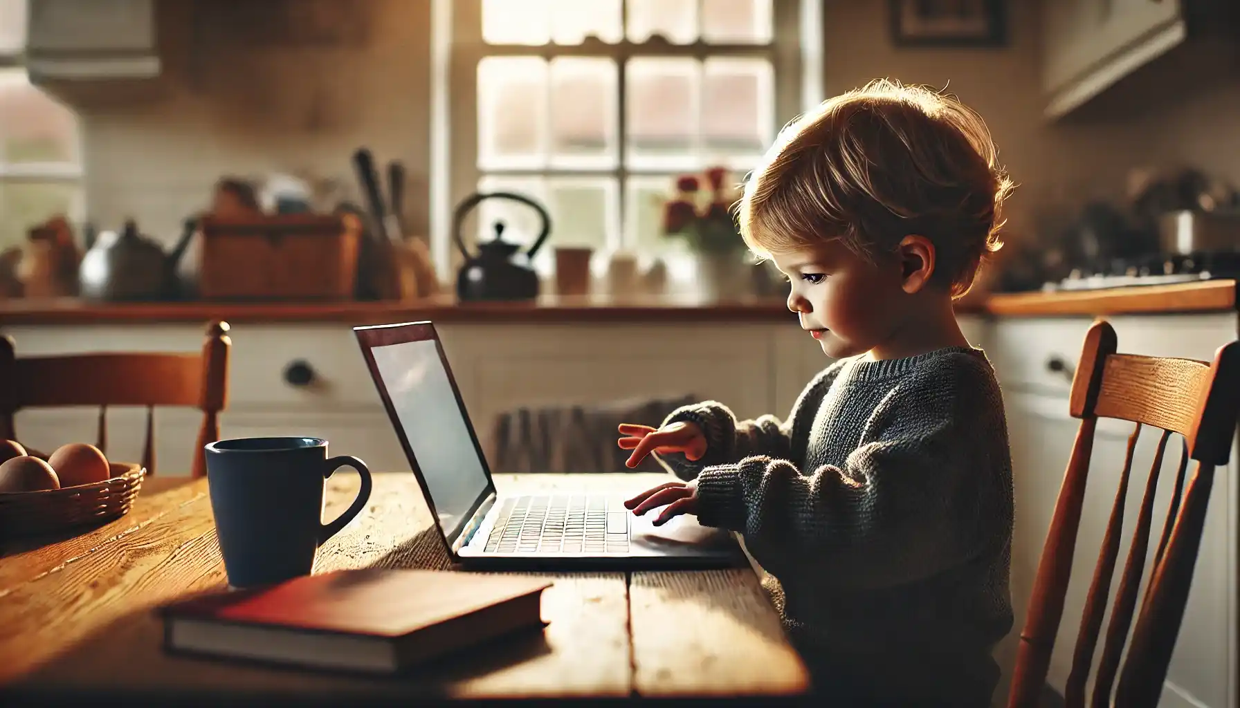 a young male child in a gray pullover using a laptop at a kitchen table in a family home.