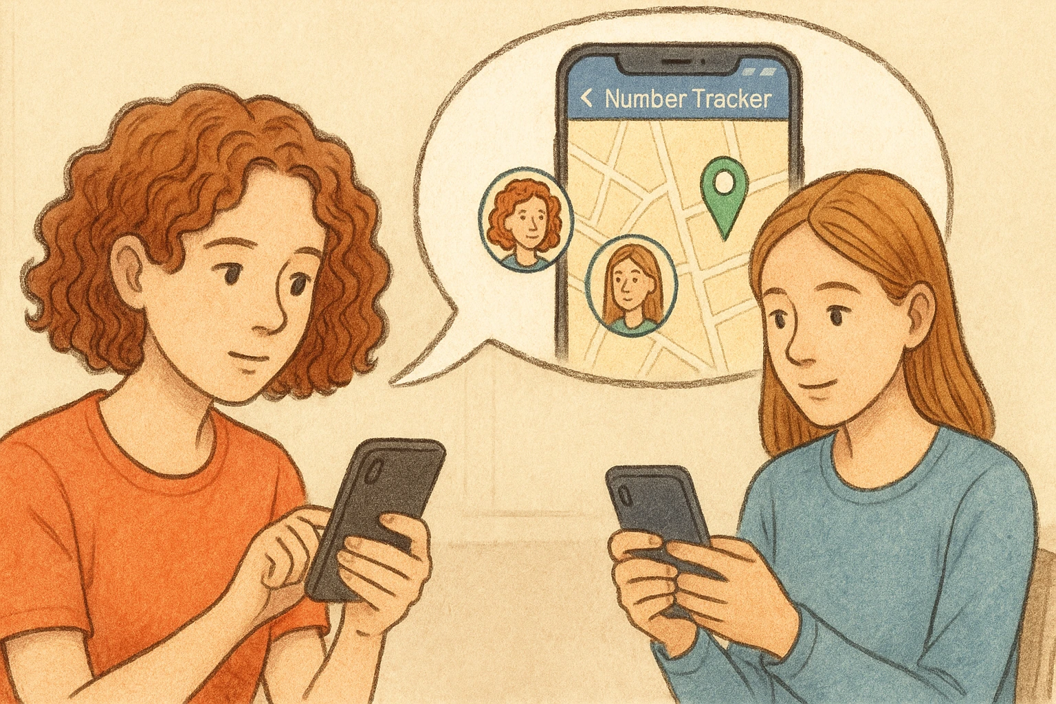 Two teenage girls are checking each other’s locations via Number Tracker.