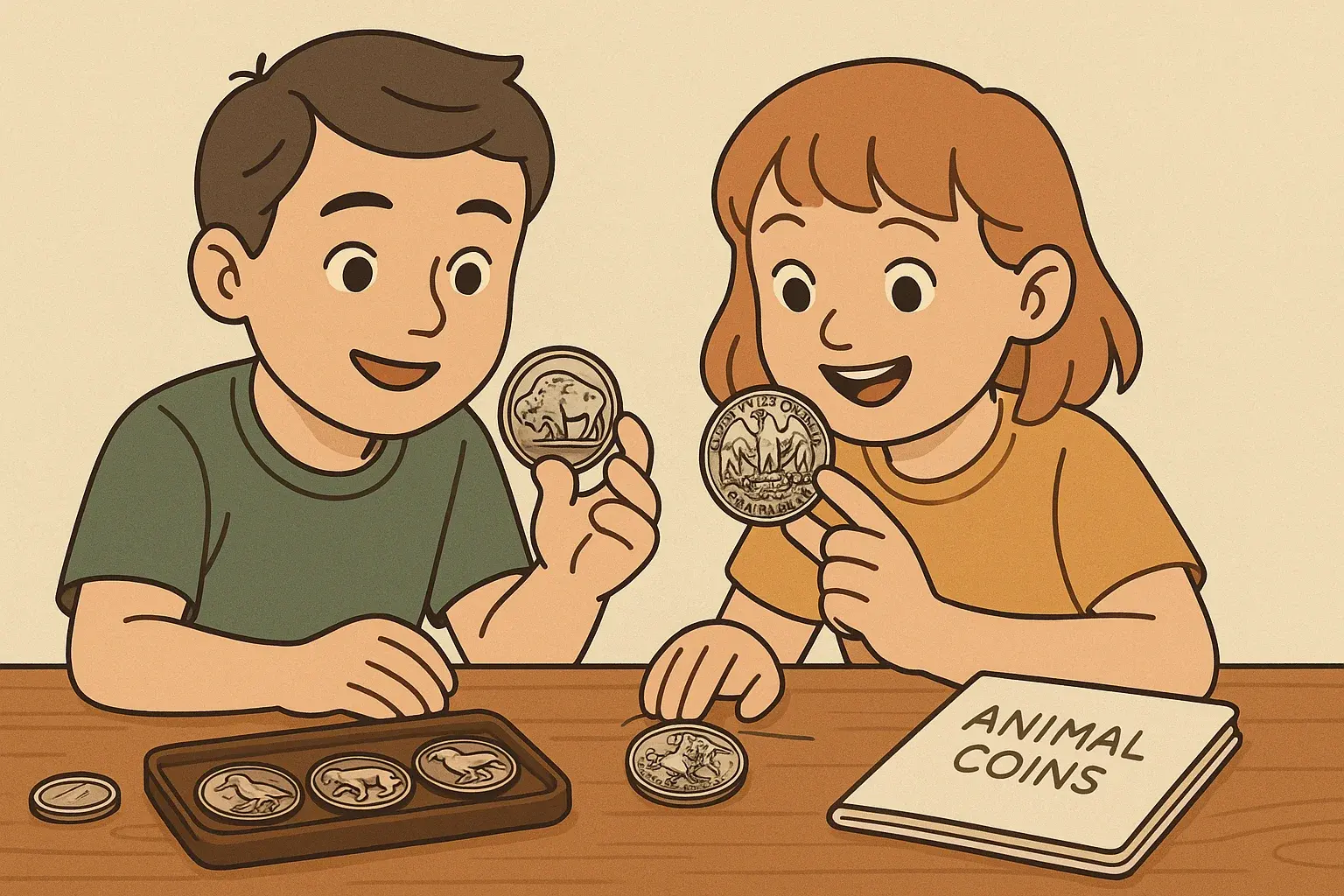 Two kids are fascinated by coins with animals.
