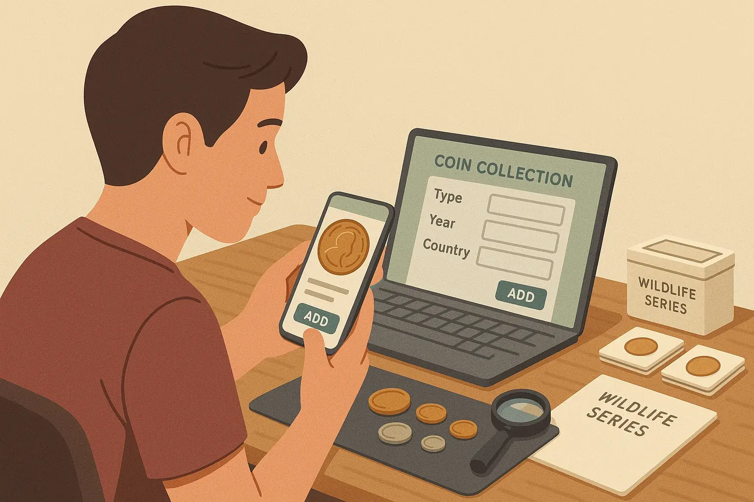 A collector logs a coin into a digital journal.